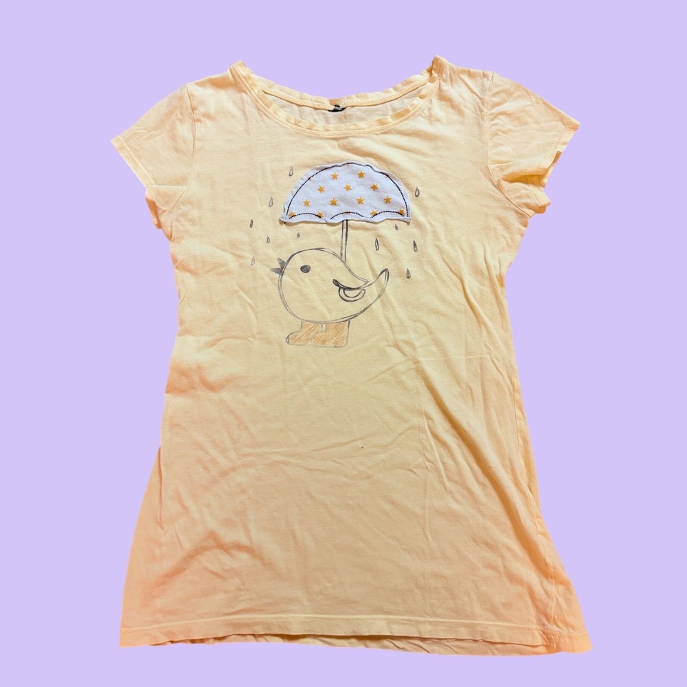 Y2K Yellow Graphic Bird Umbrella Applique Short Sleeve Tee Top Scene #19